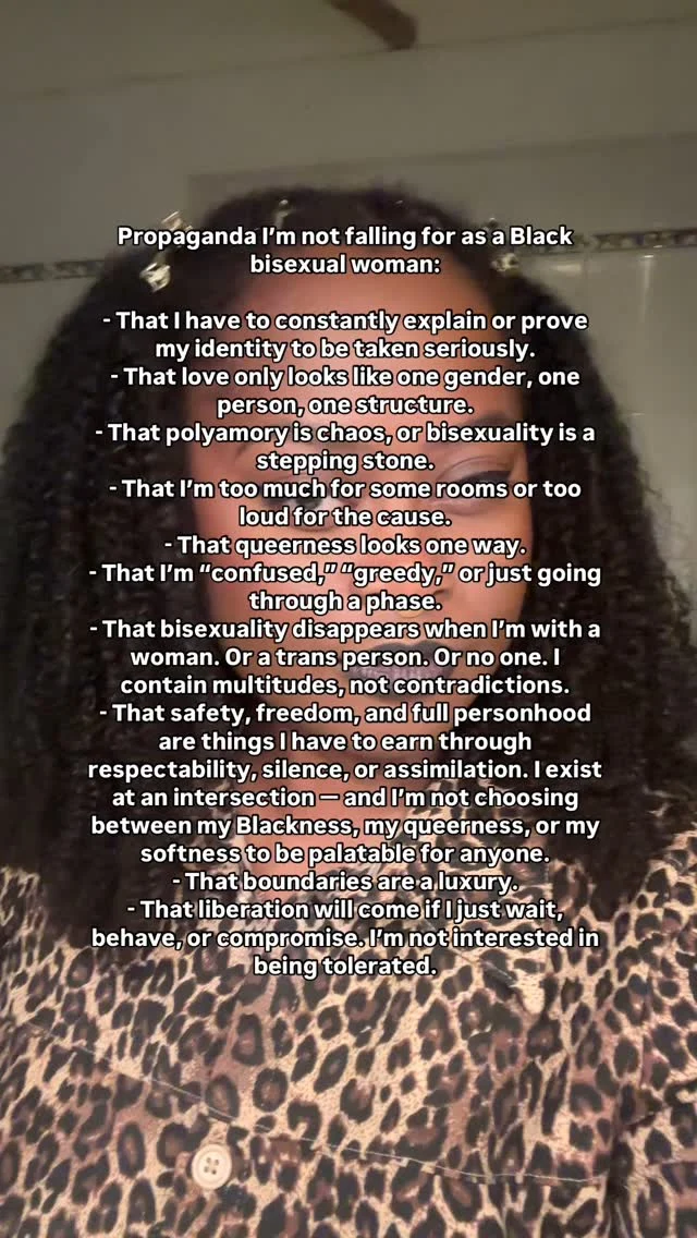 That I have to shrink myself to be safe, lovable, or understood. 

That being bisexual is “confusing,” that Blackness and bisexuality are “un-African,” or that liberation only comes when we’re quiet and respectable. 

I’m here, I’m loud, I’m layered — and I’m not waiting for permission to exist fully.

This one is for the Black girls who unlearned silence, the bisexuals who refuse to choose, and the queers and femmes who see the world for what it is — and opt for softness anyway.

Let’s keep dismantling what was never meant for us. ✨💖🎀

#wlw #qwoc #bisexuality #queerpride #lgbtqi #sapphic #blackqueer
